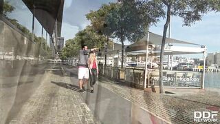 Slim college babe Katrin Tequila blows horny tourist's veiny monster cock