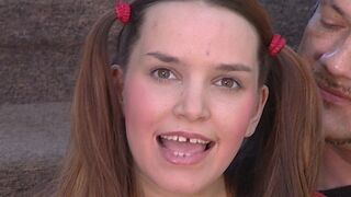 Busty teen with gap teeth tries her first big cock