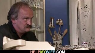 Old husband watching brunette wife gives him hot blowjob