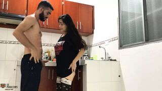 Fucking in the kitchen of my house while my stepfathers are lying down - Porn in Spanish