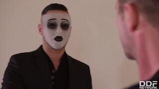 BDSM humiliation threesome shows Sienna Day drinking piss of two studs
