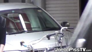 Japanese cuties flash hairy pussies during public peeing