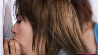MomsTeachSex - Licking jizz from her stepmoms twat