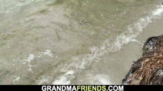 Boys bang busty blonde granny outdoors