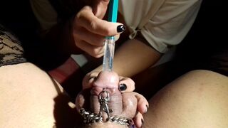 girlfriend plays with sissy's chained peehole