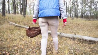 Girl In Tight White Jeans Collection Mushrooms In The Woods 4K