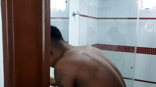 My stepmother enters the shower and gives me a delicious blowjob.