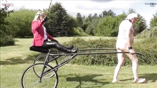 Riding Mistress trains ponyboys horsewhip