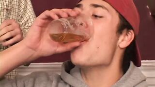 Horny frat guys get two sweet ass coed babes to suck twats and fuck on table