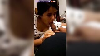schoolgirl gives deep blowjob in front of the mirror