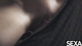 Sexy brunette's big natural tits jiggle as she sucks and fucks