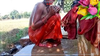 Neha bhabhi was taking bath outside, husband's cock stood up and he went home and fucked Neha bhabhi