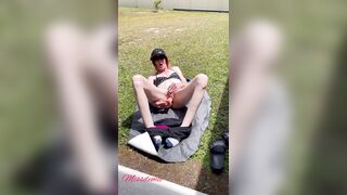 Nearly caught fucking my tight pussy with dildo outside