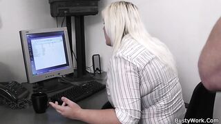 Blonde plumper takes it from behind in the office