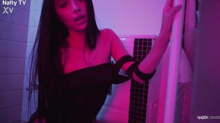 Erotic teasing in the bathroom by a sexy babe with perfect round ass