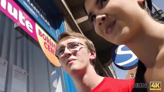 HUNT4K. Young chick rides guy's dick next to her submissive