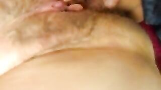 wife spreads hairy cunt while enjoying my cock in her ass