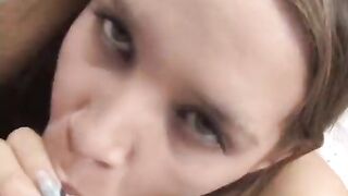 blonde cutie gets her face jizzed on after stroking and sucking cock