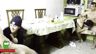 Two couples fucking together in the dining room. RAF251