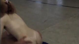 Cheerleader is on her knees sucking a cock, then rides it