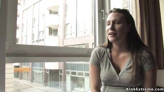Busty Euro babe d. naked in bus