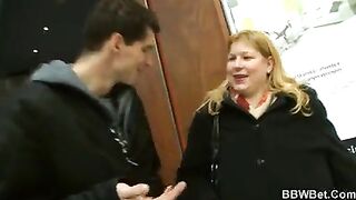 Skinny guy picks up and doggy-fucks huge boobs fatty