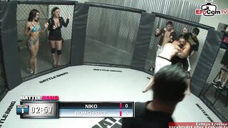 Brunette girl with natural tits is the prize for the fight
