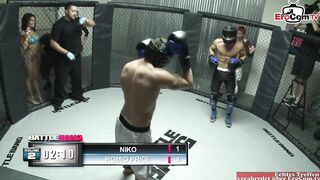Brunette girl with natural tits is the prize for the fight
