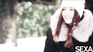 Cute lovers warm up on a snowy day with passionate fucking