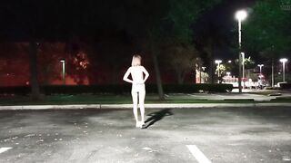 Young Stripper Kitty Longlegs walks naked down the street again! This time she came to the supermarket parking