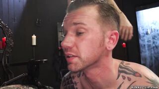 Mistress pegging tattooed man slave