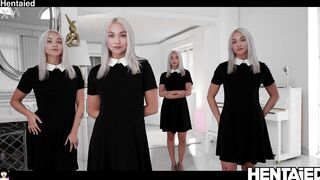 Teen twins riding huge black dildos by Marylin Sugar