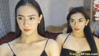 Asian Skinny Trannies Double Cock Blowjob