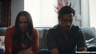 Horny neighbors Chanel Preston and Ryan Driller started a hot fucking action on a couch and ended up in both erupting satisfied orgasm.