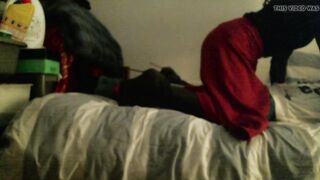 Thigh high leather boots on bed humping