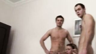 Three hard dicks are fucking the holes of hot college chick