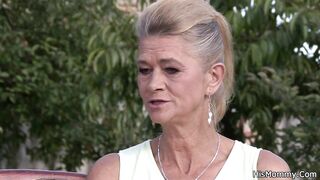 Finding very old mother toying young pussy outdoors
