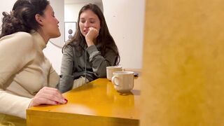 Lesbians touch themselves in public and then fuck in a public bathroom while other people need the bathroom.