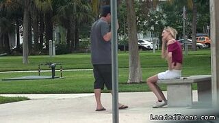 Busty blonde teen banging in the car in public