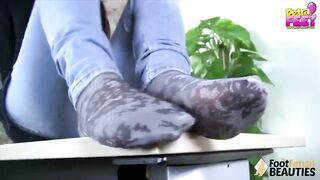 Teen takes off socks and shows her feet