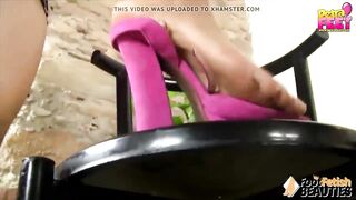 Barefoot teen takes off her sandals and shows her cute toes