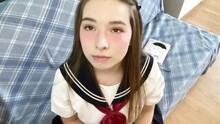 Cutie in Japanese school uniform touches your cock and gets embarrassed