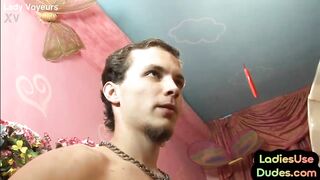Femdom 3some babes pegging dude hairyass with dildo