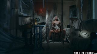 Pulling up her tattered wedding dress and rubbing her wet pussy