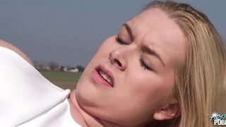 Blonde in stockings gets fucked outdoors