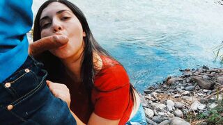 Risky passionate blowjob in nature outdoors.