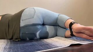 Tied up Girl Can't Hold it Anymore Pees in Light Jeans