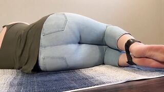 Tied up Girl Can't Hold it Anymore Pees in Light Jeans