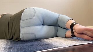 Tied up Girl Can't Hold it Anymore Pees in Light Jeans
