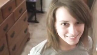 Cute dark blonde girl sucks dick and gags on older guys cum